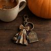 Halloween Charm Keychain Mini Bow Ghost Pendant with Tombstone Tag, Spliced Patch And Pumpkin Keychaine Basket, Retro Rotating Lobster Clasp Key Ring