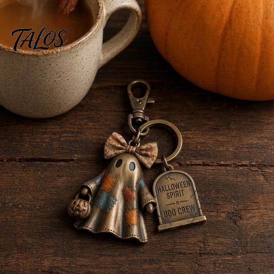 Halloween Charm Keychain Mini Bow Ghost Pendant with Tombstone Tag, Spliced Patch And Pumpkin Keychaine Basket, Retro Rotating Lobster Clasp Key Ring