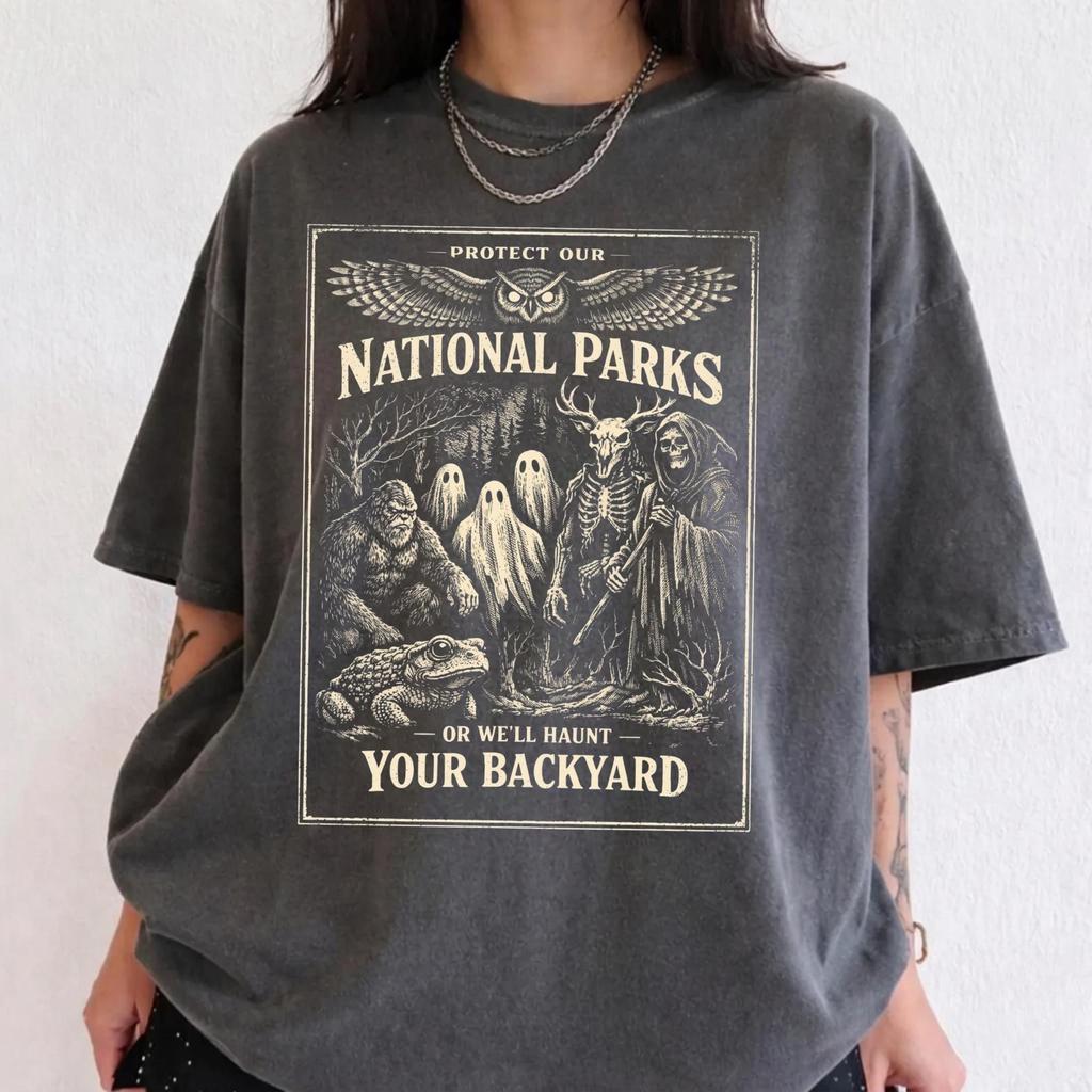 Protect Our National Parks Cryptid Tee T-shirt | Bigfoot Mothman Wendigo Ghost Skull