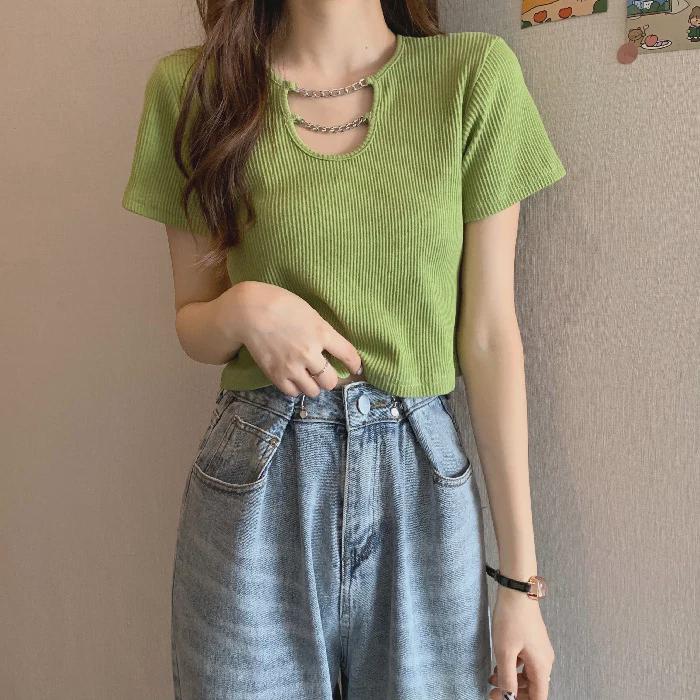 Модные летние укороченные топы 2023 года: Футболки Sweet Style с высокой талией и короткими рукавами для женщин