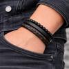 Men' Leather Bracelet with Beads, Black, Braided, Thick, Titanium, 19-23cm