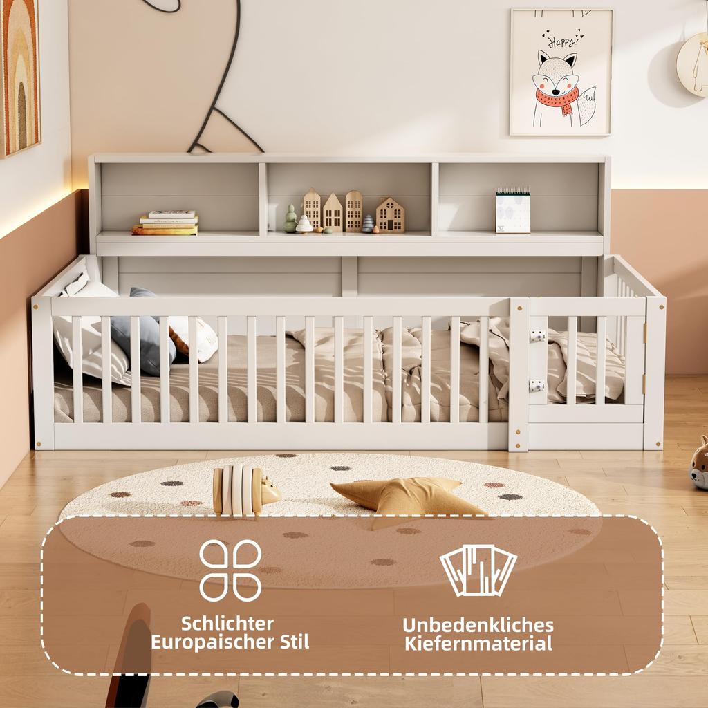 Kinderbett 90x200 Bodenbett Staufach Brüstung Türen Funktionsbett Holzbett Lattenrost Tagesbett Jugendbett Kiefernholz ohne Matratze weiß