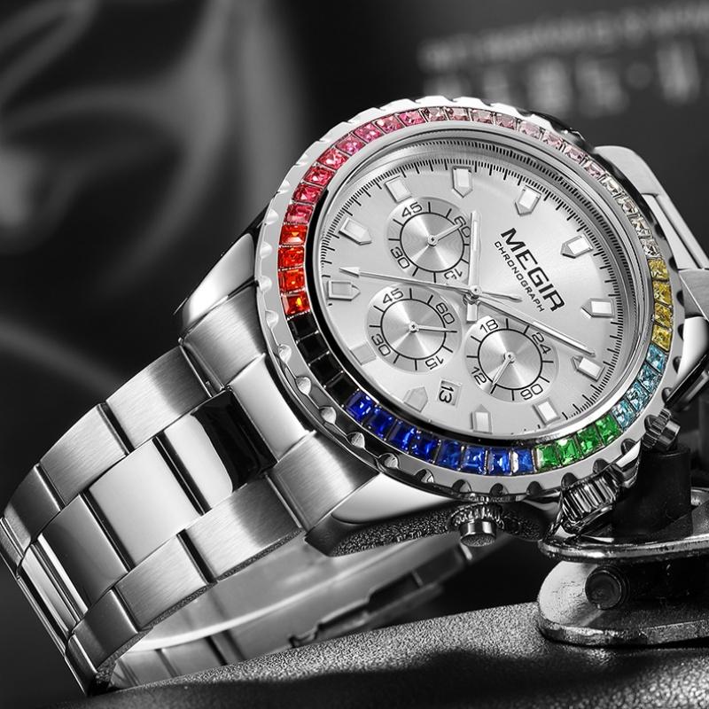 MEGIR Fashion Diamond Inlaid Rainbow Dial Watches Waterproof Luminous Calendar Multifunctional Quartz Watches