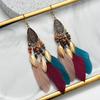 European, American, Ethnic Style Metal Leaf Earrings Long Beaded Feathers Fringed Geometric Stud Earrings Ear Hanging