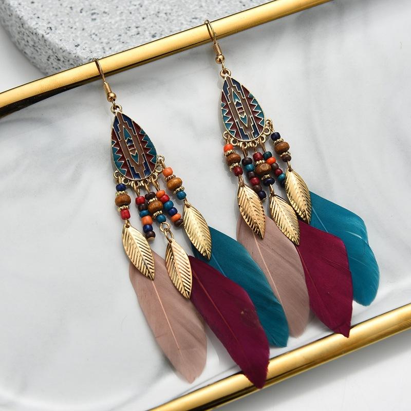 Серьги-листочки из металла в европейском, американском, этническом стиле, длинные, украшенные перьями бусины, геометрические серьги-гвоздики, висячие серьги-гвоздики