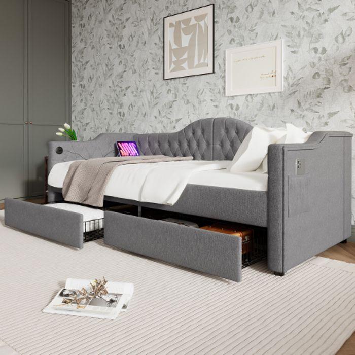 Cadre de lit - MUVOE - 90x200 cm - Rembourré en lin gris - 2 tiroirs - Recharge USB Type C