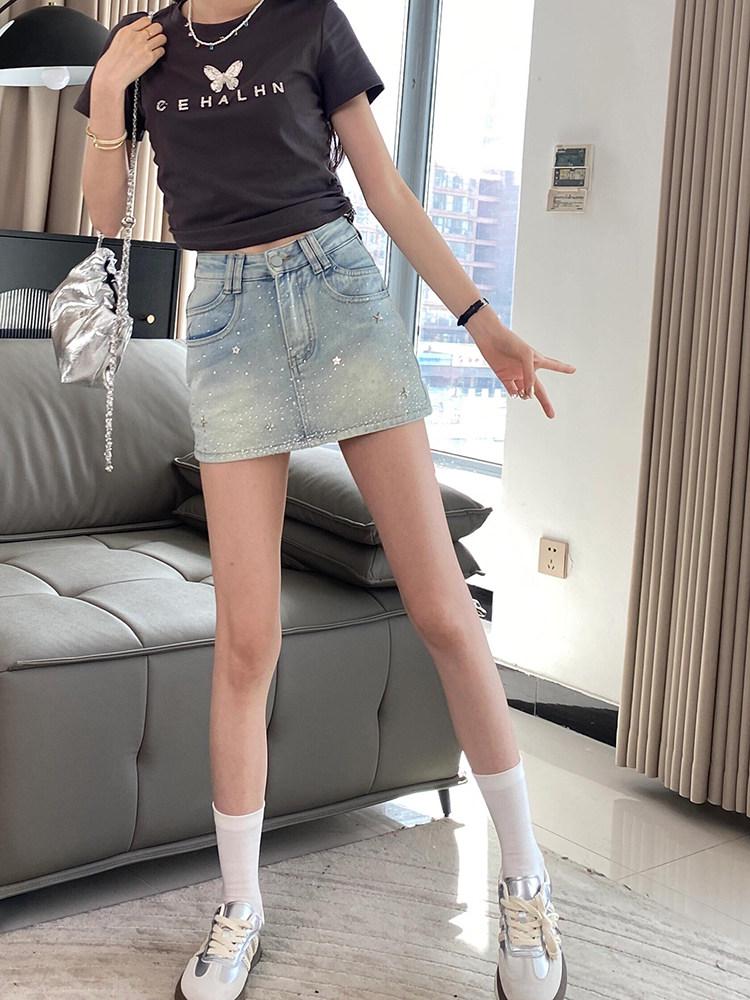 2024 Hot Rhinestone Denim Mini Skirt: Slimming Spicy Girl Summer Style for Women