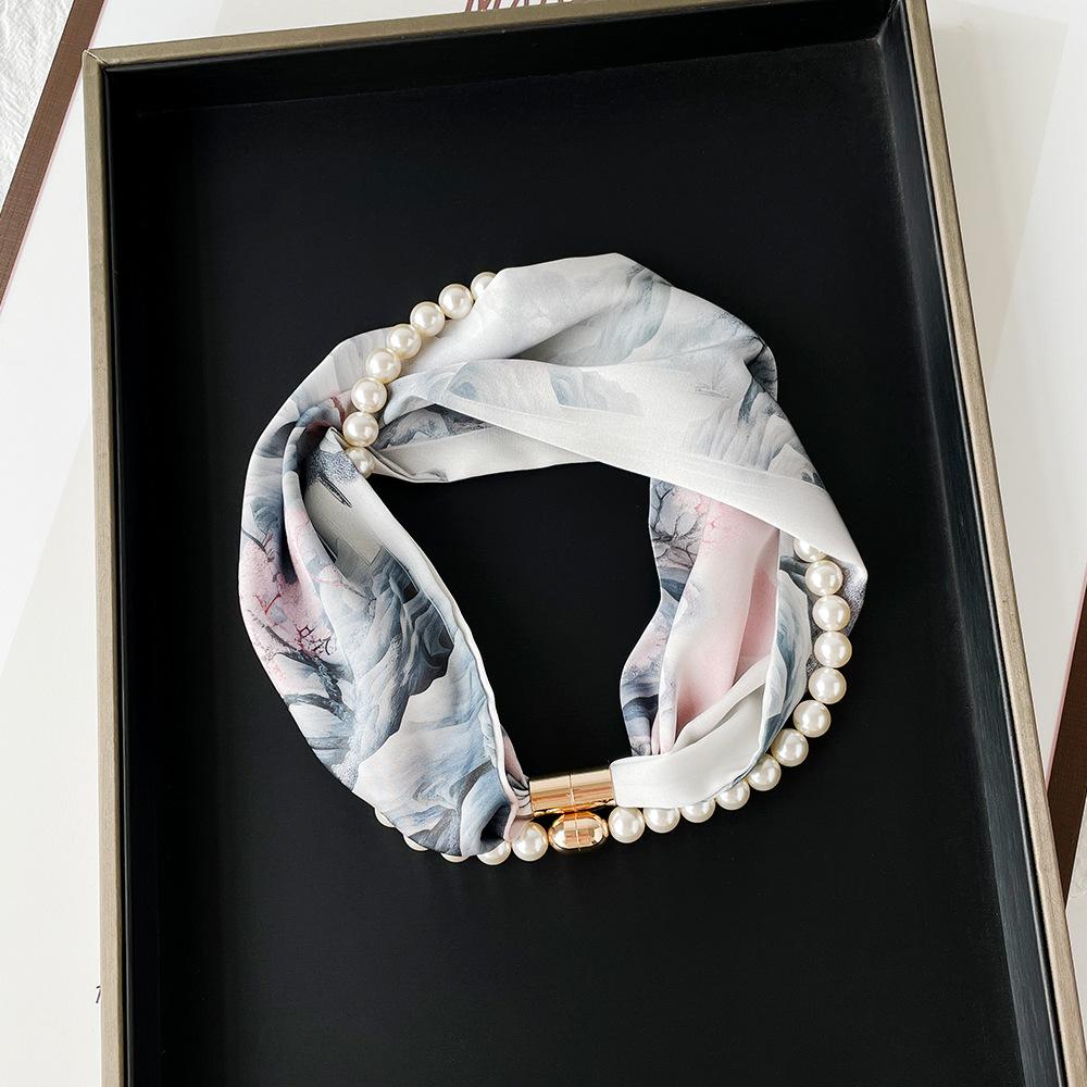 1116 spring and summer new silk scarf women's niche high-end pearl magnetic buckle necklace foreign-style wear printed small scarf