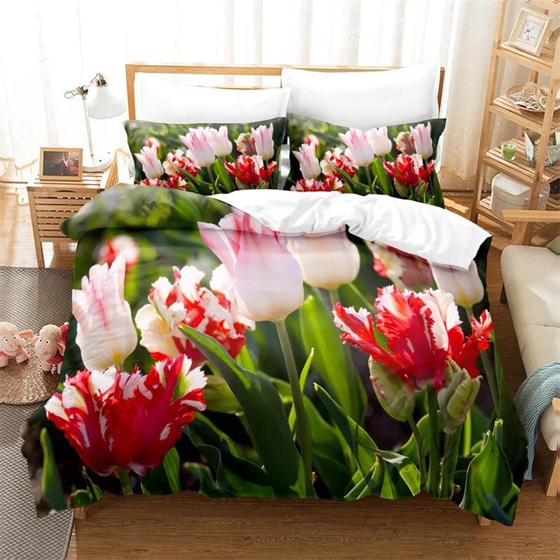 Color Tulip Pattern Bedding Set Down Duvet Quilt Cover Set 3D Digital Printing Quilt Cover Three-piece Set