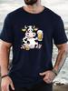 Cartoon Cow Beer Graphic Print Unisexs Crew Neck Short Sleeve Tee Soft Summer Top For Drink Lover Daily Street Basic Outfit Wear