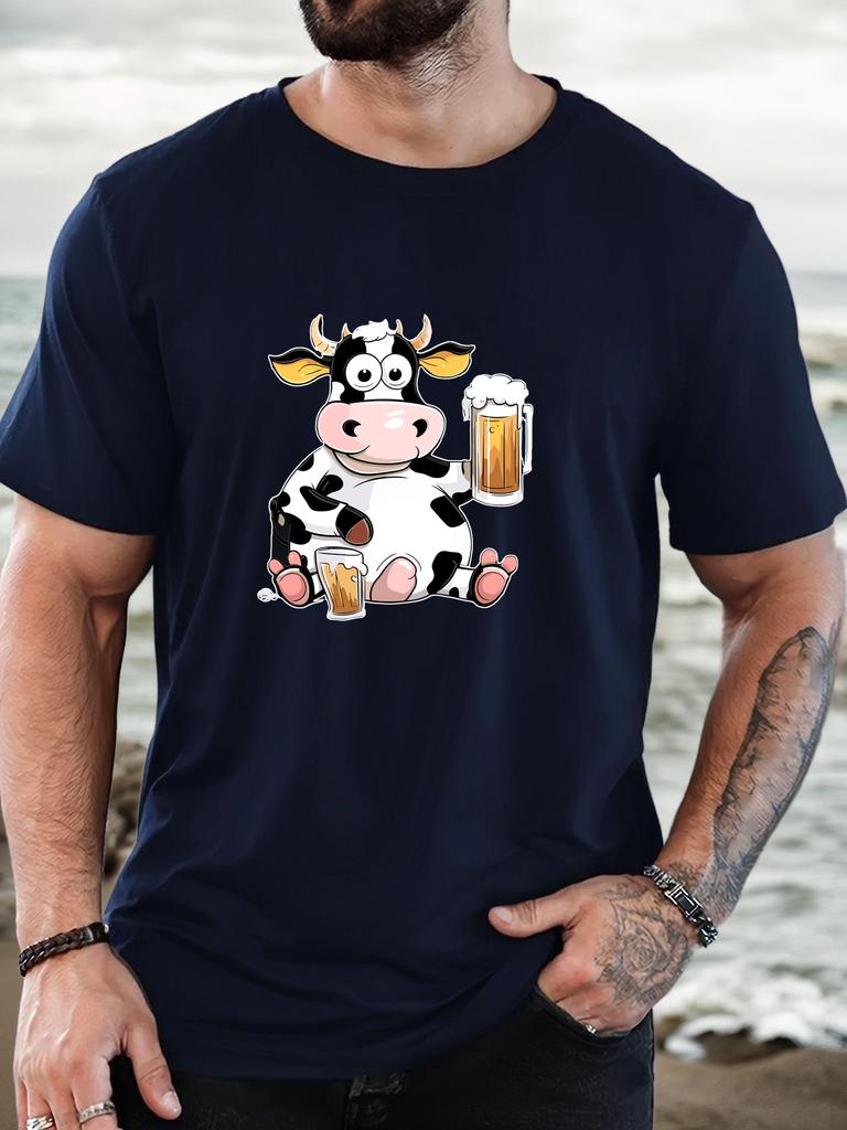 Cartoon Cow Beer Graphic Print Unisexs Crew Neck Short Sleeve Tee Soft Summer Top For Drink Lover Daily Street Basic Outfit Wear