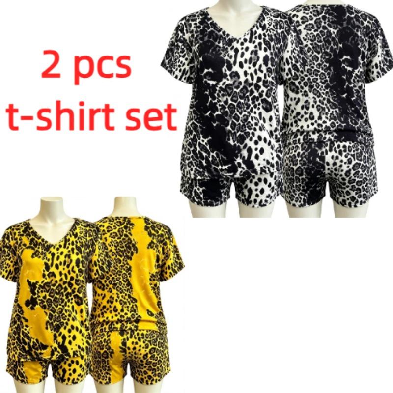 Summer European Streets Leopard Style Printed V-Neck Short Sleeved T-Shirt And Shorts Set Women's and Men's T-shirt Shorts Set