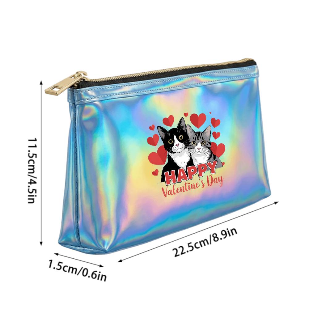 Cute Cat and Hearts Pattern Laser Cosmetic Makeup Bag, Shiny Holographic Travel Toiletry Organizer Pouch for Women Girls Holiday Gift