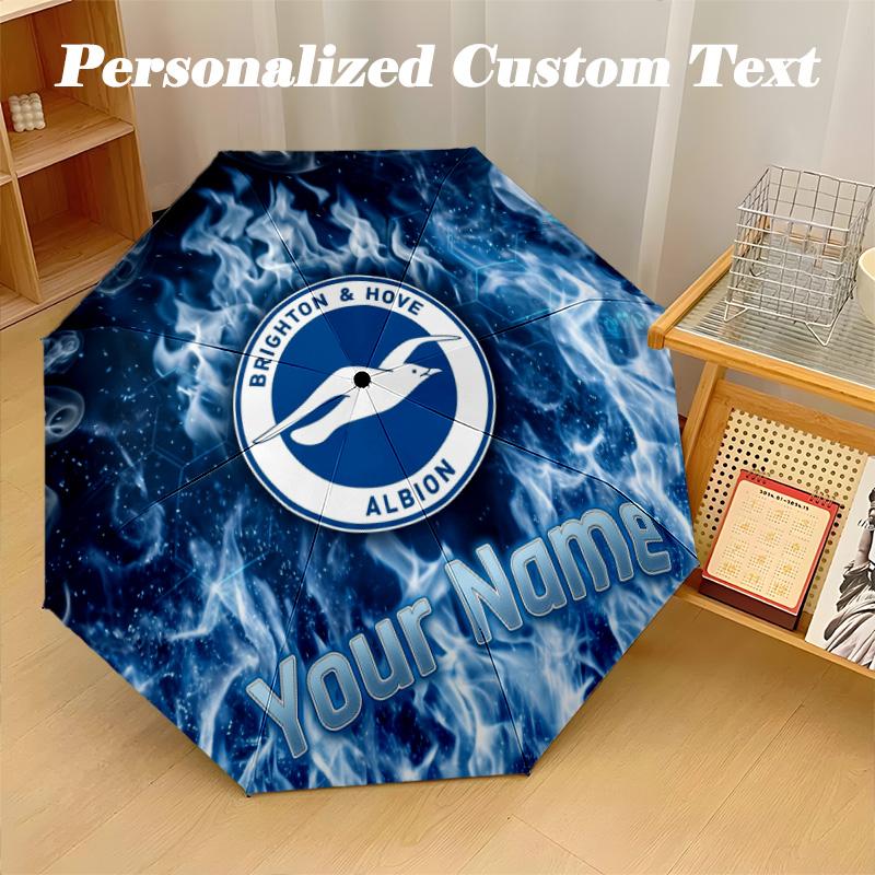 8 Rib Auto Folding Umbrella Brighton & Hove Albion Football Print Custom Name Text Portable Rain Gear