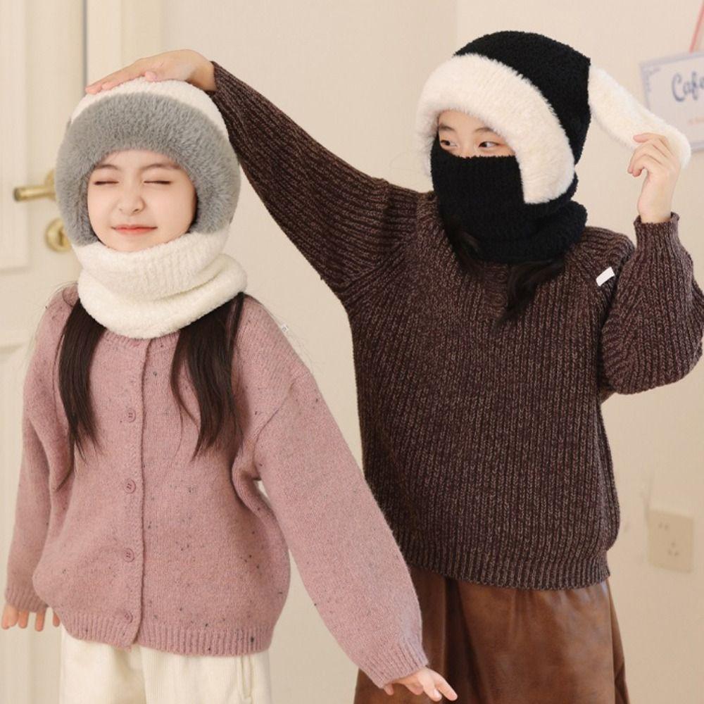 Knitted Beanie Rabbit Ear Winter Hat Plush Face Guard Neck Warmer Plush Scarf Hat Kids Winter Wear