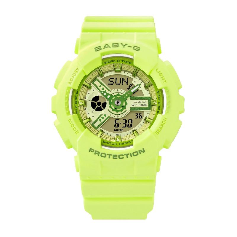 Casio Женские часы Baby-G, смола, 100 м водостойкость, аналоговые, ударопрочные, кварцевые, BA-110YK-3A