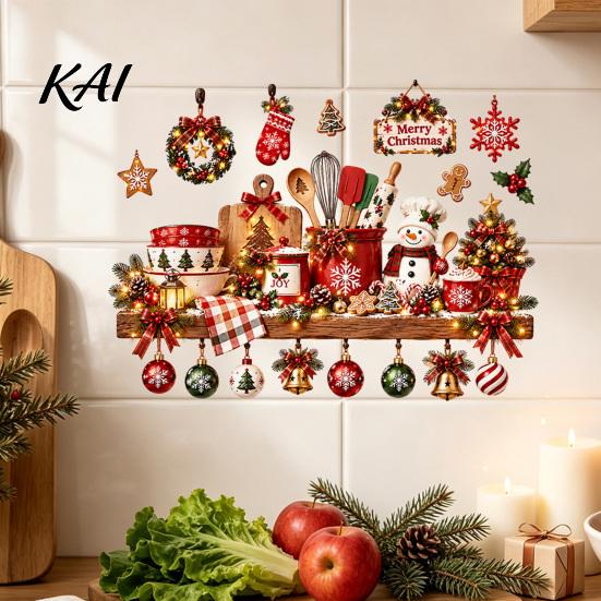 Christmas Party Scene Decoration Kitchen Wall Sticker, Self Adhesive PVC Decal, Festive Utensils Easy Apply Holiday Art Seasonal Holly Gingerbread Man