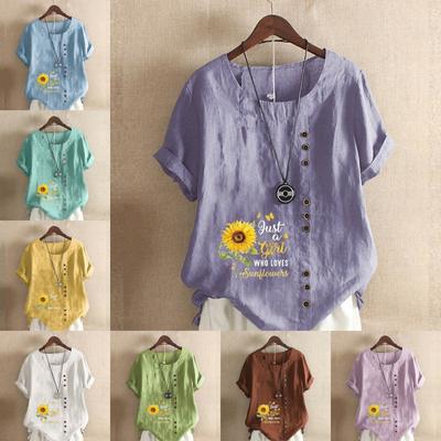 Женская мода Подсолнух Буквы Принт с коротким рукавом Футболка Свободная хлопковая рубашка Повседневная свободная летняя блузка Топы размера плюс