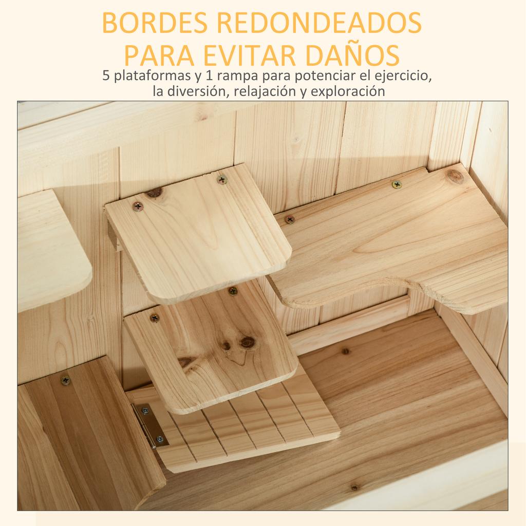 Wooden Cage for Hamsters and Mice, Play House with 5 Platforms, Ramp, Hinged Roof, Glass Window, Plastic and Bottom Shelf, 60x40x80 cm, Natural