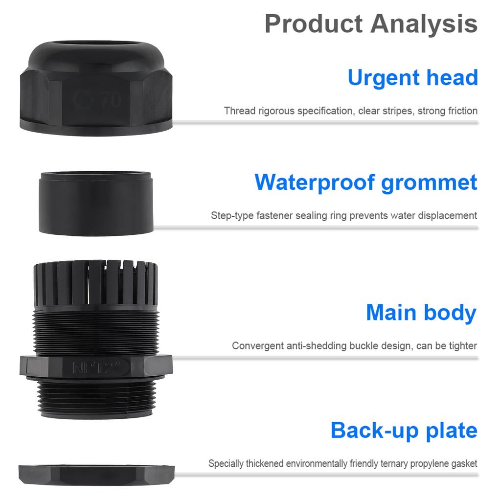 Нейлоновый кабельный ввод 1/4-2 дюйма NPT IP68 Водонепроницаемый Огнестойкий Снятие натяжения Сверхпрочный Надежное уплотнение