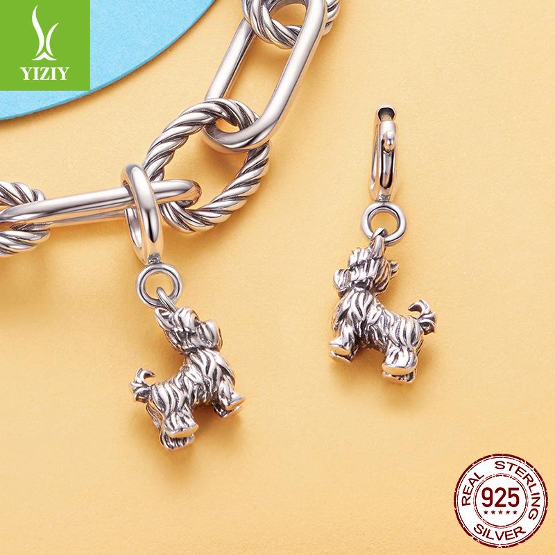S925 Sterling Silver Yorkshire Dog Pendant Opening Button Cute Dog Sterling Silver Beaded Accessories