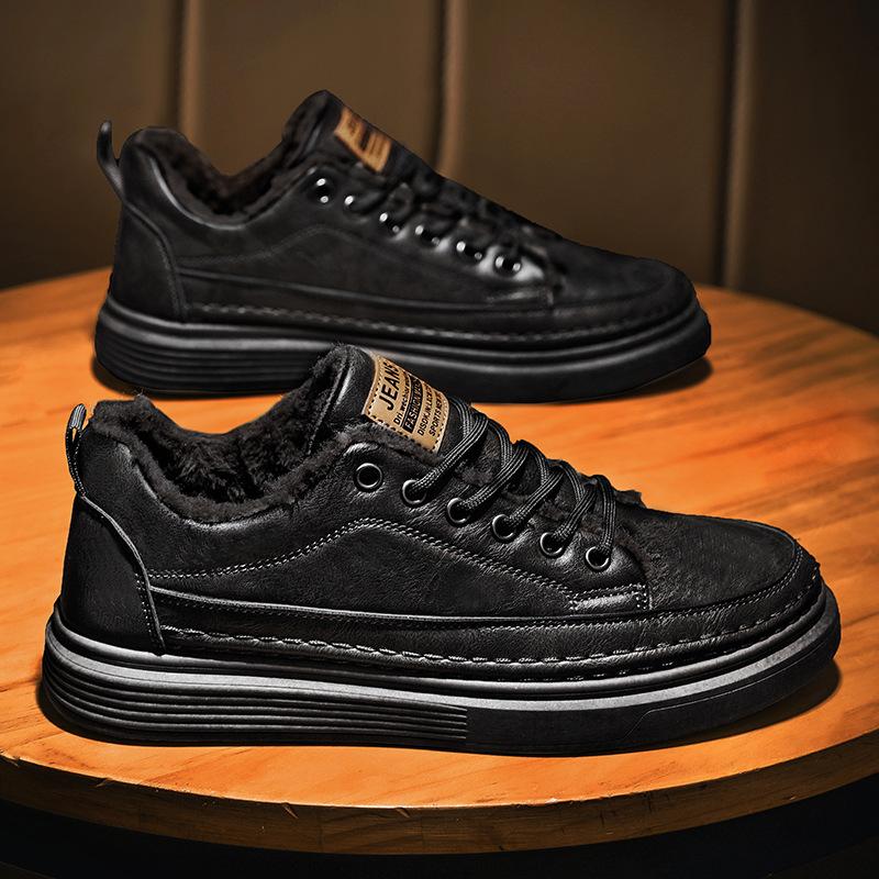 Мужская обувь Зимние бархатные теплые повседневные кожаные туфли на одной педали Кухонные водонепроницаемые и нескользящие черные туфли на плоской подошве Рабочие хлопковые туфли