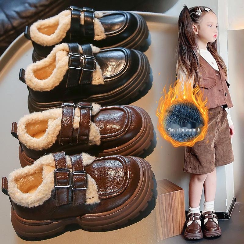2024 Модная детская зимняя кожаная обувь: Теплая обувь для мальчиков и девочек с хлопковым носком, бархатной подкладкой и толстой подошвой