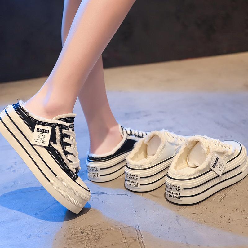 Baotou slippers women's summer wear 2024 new canvas shoes without heel half support, Internet celebrity lazy half drag, thick-soled sandals