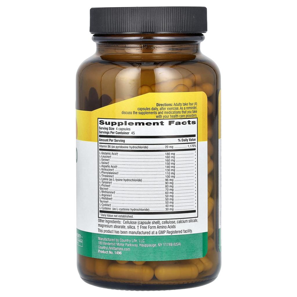 Country Life Max-Amino Caps, Содержит Витамин B-6, 180 Растительных Капсул