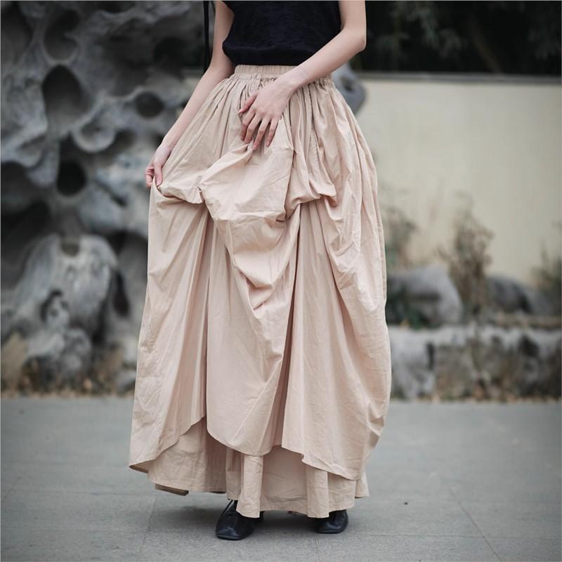 Johnature Women Vintage Irregular Skirts Elastic Waist Solid Color Summer Fold Female Skirts