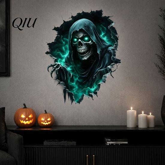 Spooky Wall Stickers Halloween Theme Sticker, Horror Skull Decal, Waterproof Self-adhesive PVC Art, for Home Living Room Bedroom And Party Fluorescent