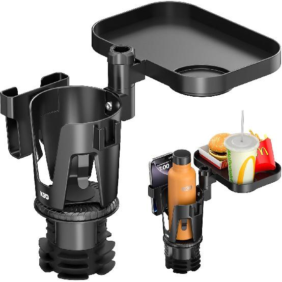 KDD Car Cup Holder Expander - 3 In 1 Cup Holder Adapter With Adjustable Base - Detachable Phone Holder & 360° Rotation Food Tray For Car -