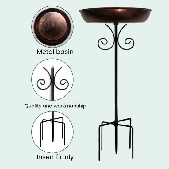 Retro Bird Bath for Outside Metal 5-Prong Stake Base with Bowl Decorative Birdbath Detachable Bird Feeder for Backyard Patio Decor