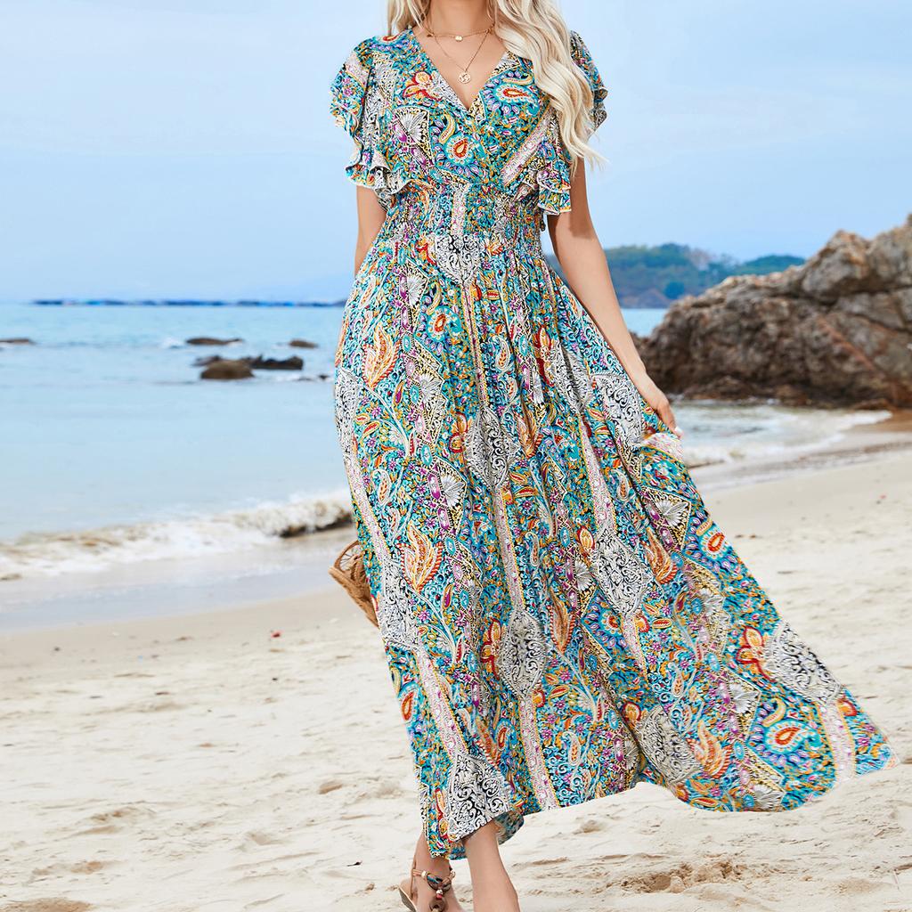 2025 V-образный вырез спинки вискозный набивной оборки короткие рукава разрез платье для женщин