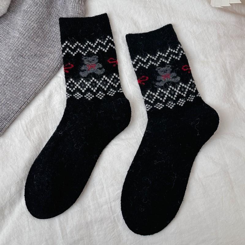 Ретро Теплые Носки для Женской Осени и Зимы, Шерстяные Носки с Медведем, Волнистые Мультяшные Утолщенные Женские Носки