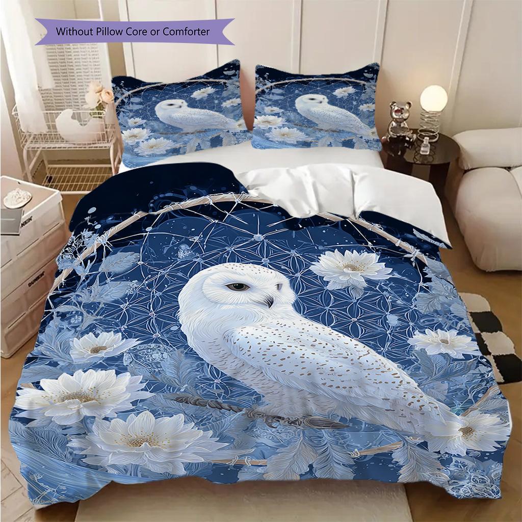 Snowy Owl Pattern Bedding Quilt Set Quilt Cover Pillowcase Home Decoration Birthday Gift (1 * duvet cover + 2 * pillowcase, without core)