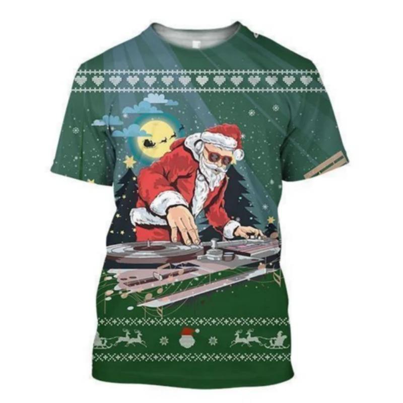 Funny Santa Face 3D Print Men T-Shirt, Christmas Snowflake Berry Holiday Gathering, Realistic Graphic Short Sleeve Tee