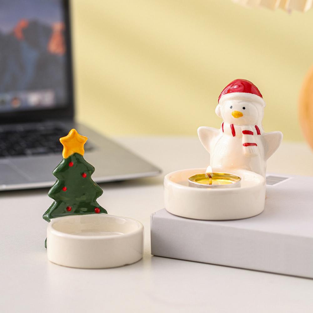 Christmas Candle Holder Ceramic Candle Holder Festive Christmas Ceramics Candle Holder Set with Penguin Xmas Tree for Desktop