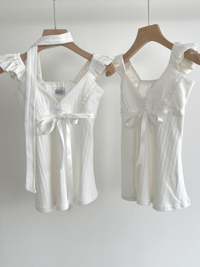 Ангельский номер 555 Сладкий и пикантный топ с V-образным вырезом, кружевной лентой, рукавами-крылышками и шарфом