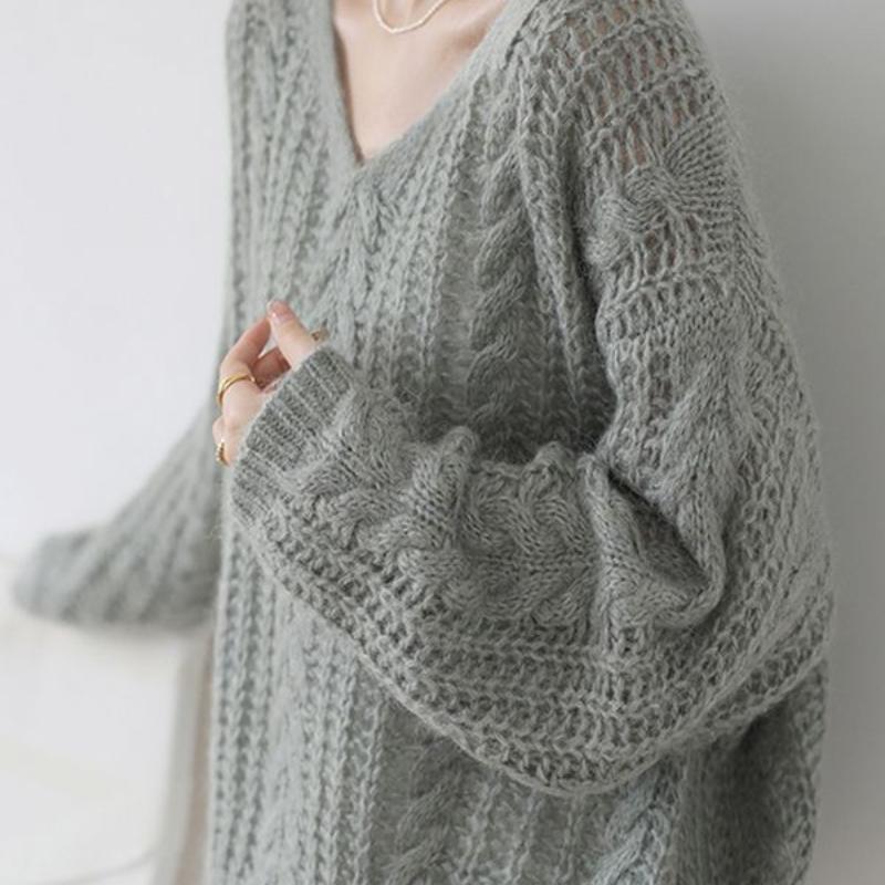 Большой французский ленивый мохеровый свитер для женщин, весенний нежный темперамент, V-образный вырез, ажурный трикотажный свитер сверху