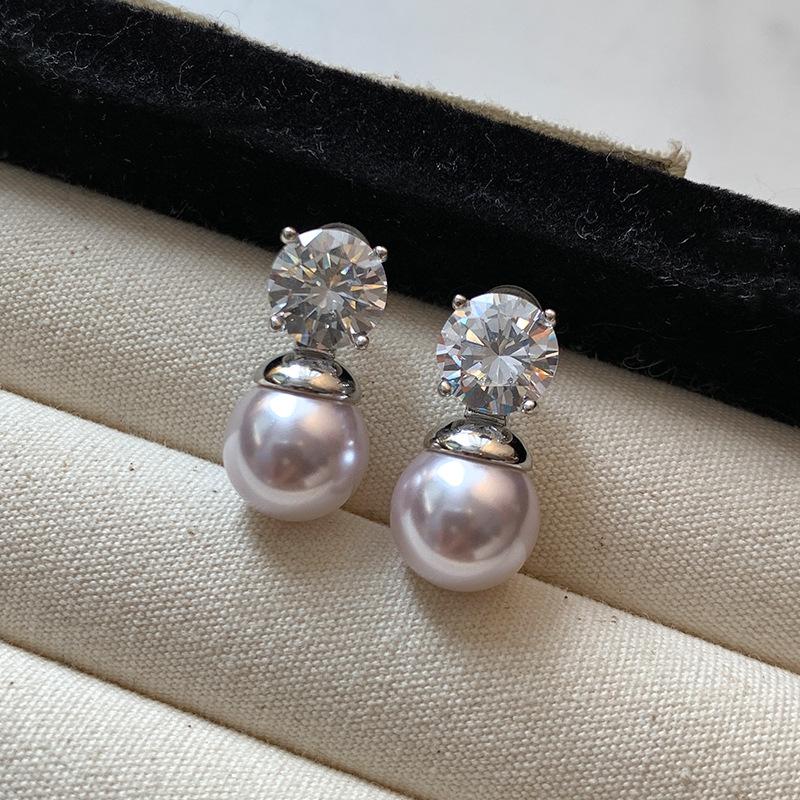 S silver needle rose purple pearl earrings women's light luxury 5A zircon stud earrings real gold electroplating new earrings