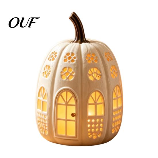 Seasonal Holiday Gift for Her Lighted Pumpkin Cottage Ornament, Flickering Tabletop Lamp, Light-Up Autumn Decor Farmhouse Fall Centerpiece Indoor