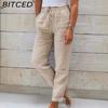 Summer Women's Elastic Waist Solid Colour Cotton Linen Wide Leg Pants Loose Trousers
