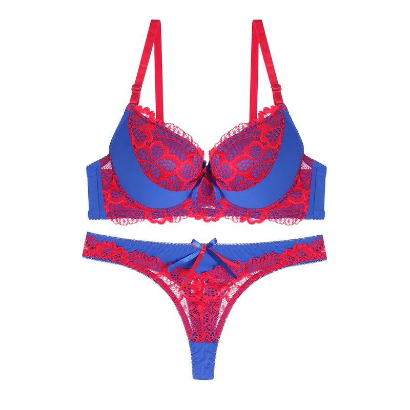 Sexy Bra Cover Color Collision Design Hollow Lace Embroidery Hotsweet Women's Lingerie Set Underwear+G-string