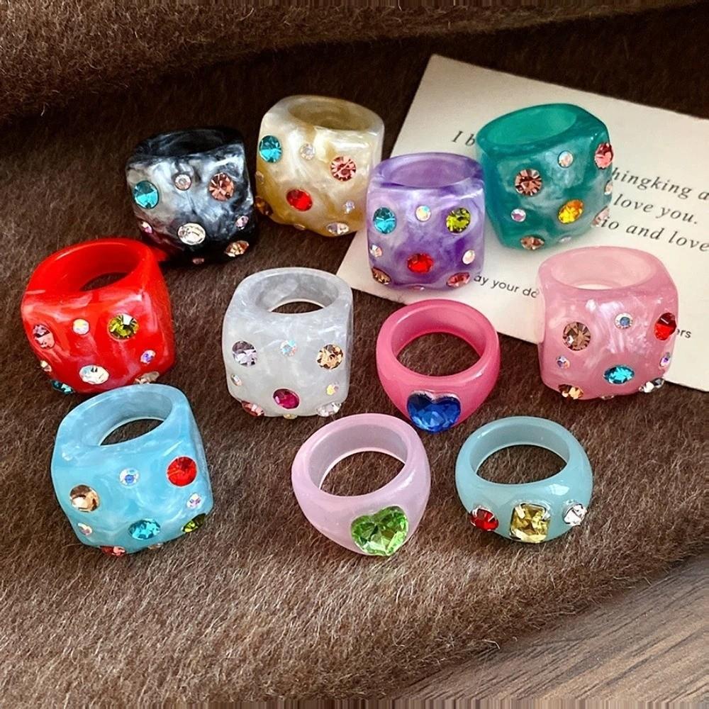 Геометрическое кольцо конфетного цвета Корейский стиль Большое однотонное кольцо-купол Кольцо из смолы со стразами Ювелирные изделия Подарки