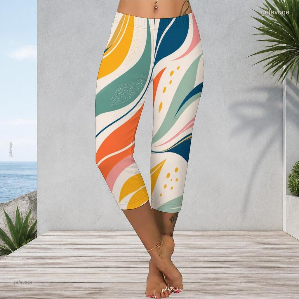 Women Plus Size Abstract Geometric Line Print High Waist Capri Leggings Stretchy Slim Fit Cropped Pants For Yoga Workout Casual Daily Wear