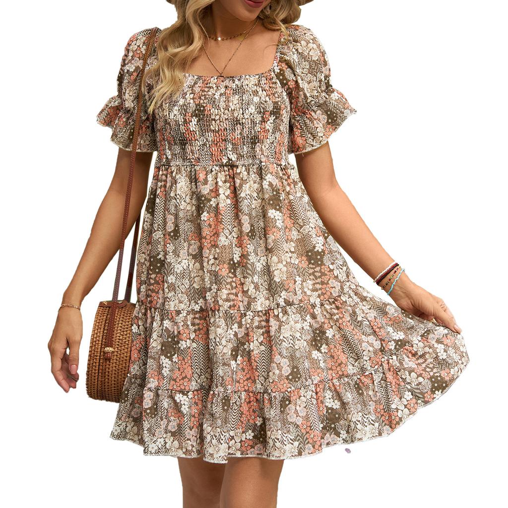 Женское летнее свободное платье с квадратным вырезом и эластичным шифоновым принтом с короткими рукавами и галстуком