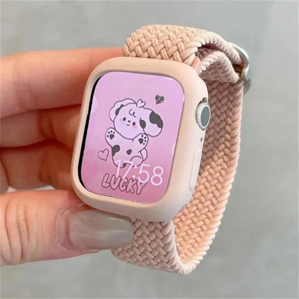 Корейский милый плетеный ремешок + Чехол для Apple Watch Band 49мм 46мм 45 44 38 42 Нейлоновый браслет для iWatch Series 10 9 8 7 6 5 4 3 SE