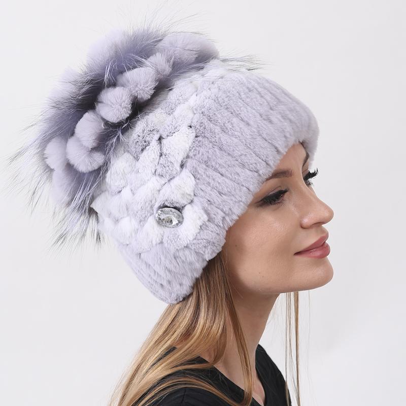 Роскошная зимняя шапка из натурального меха для женщин, вязаная шапка из меха кролика рекса и лисы, цветочные зимние модные стильные меховые шапки