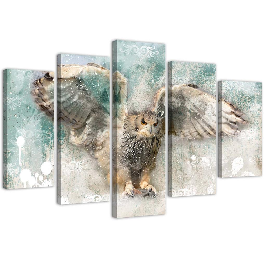 Feeby Five piece picture canvas print, Owl in flight